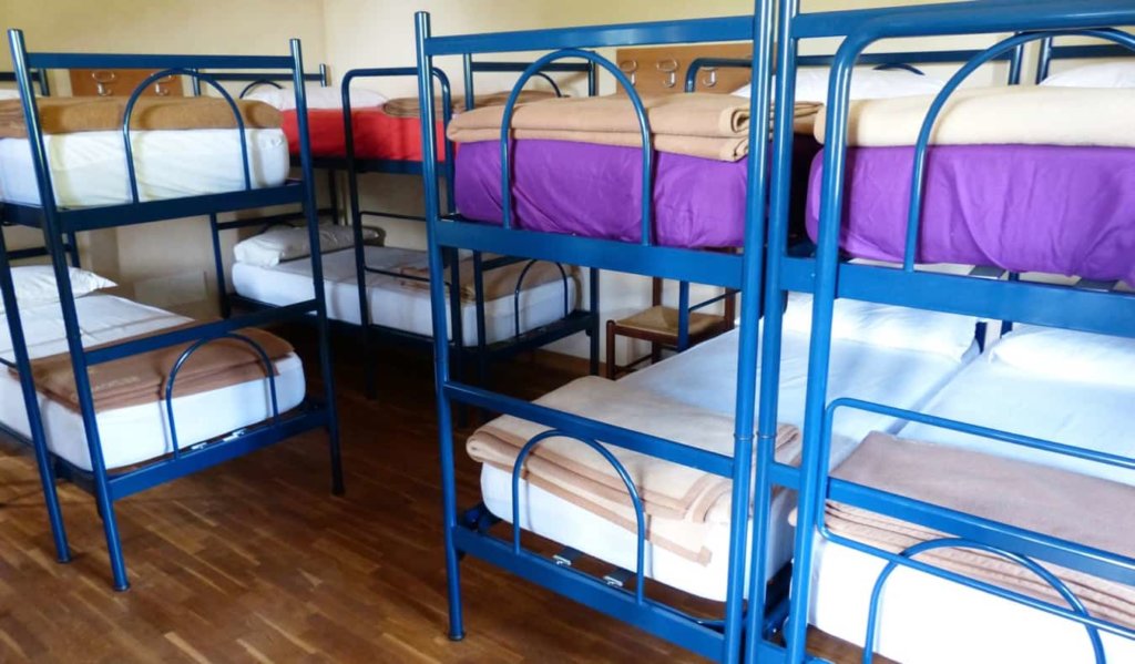 Bunk beds in an empty dorm in a hostel