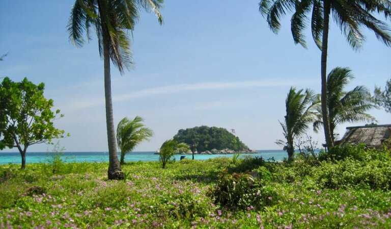 The lush, green coast of beautiful Ko Lipe, Thailand with an island in the distance