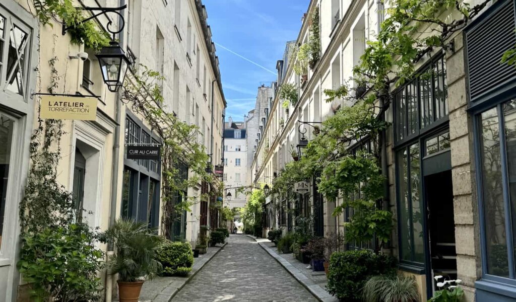 A quiet street lined with old buildings and greenery in sunny Paris, France