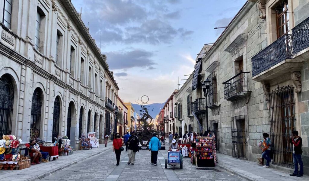 A quiet street in Oaxaca, Mexico as the sun begins to set