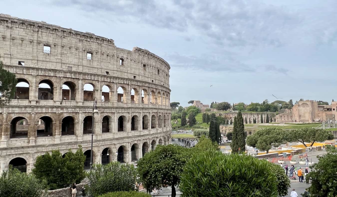 A view looking out over the historic Colosseum in Rome, Italy