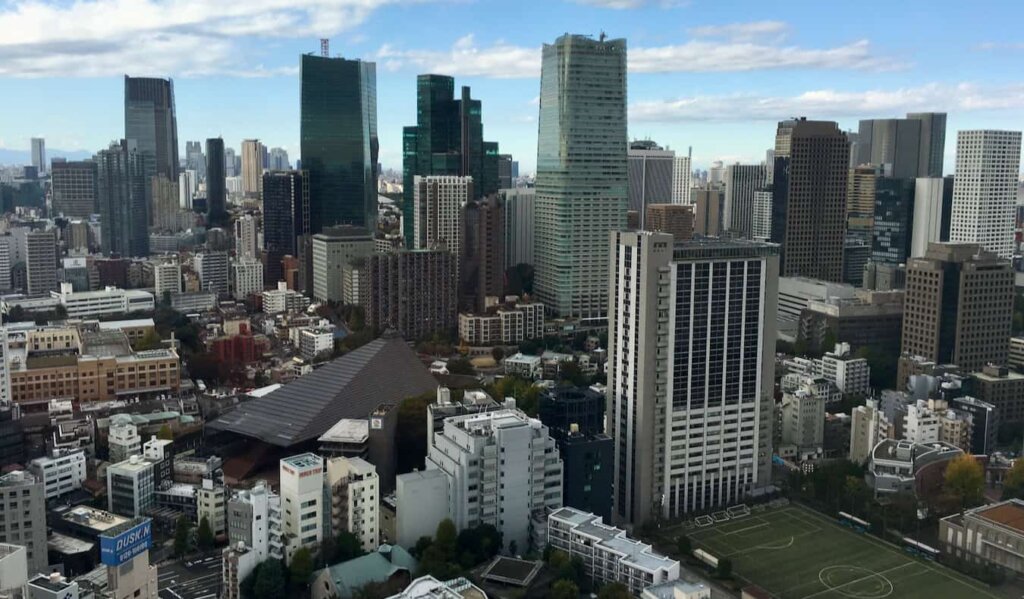 A grey day in Tokyo, Japan looking out over towering skyscrapers