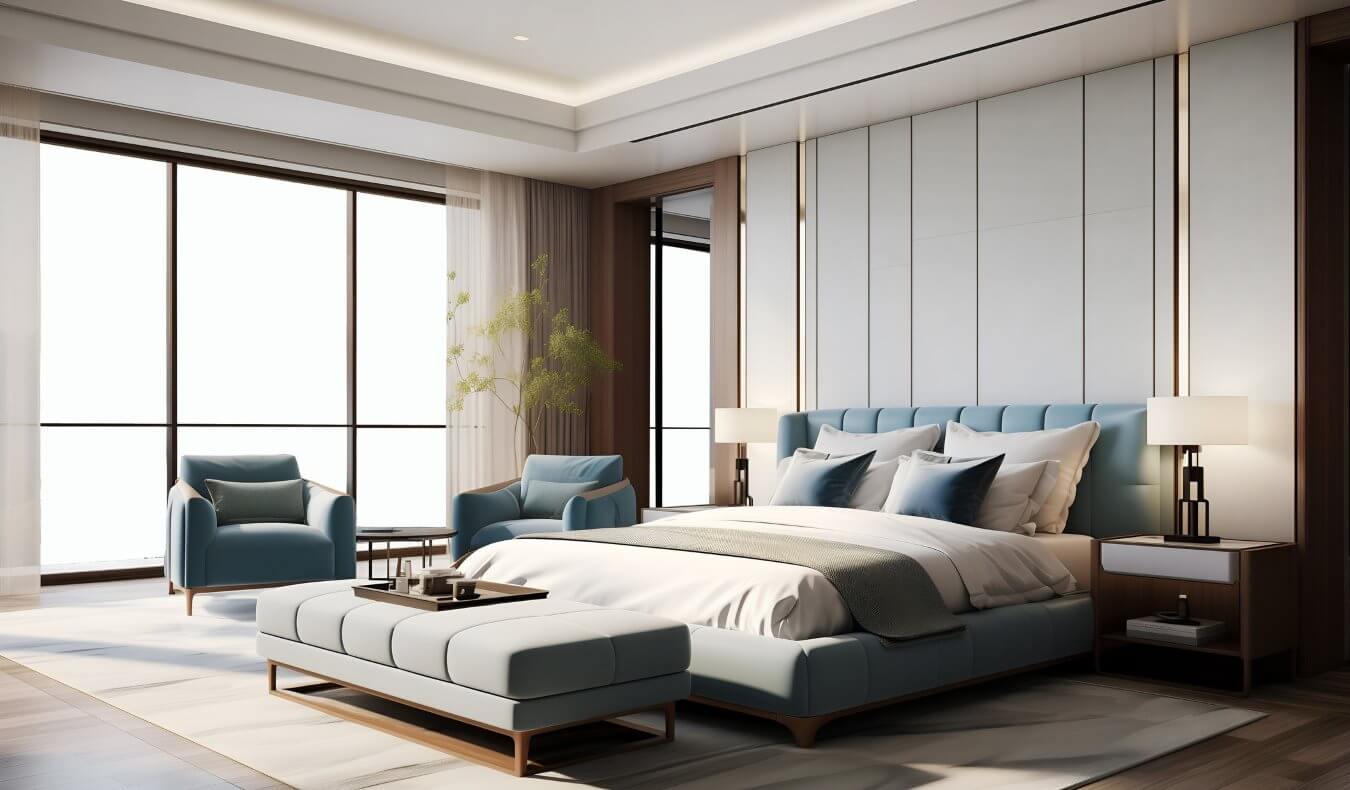 A spacious hotel room with a king-sized bed and huge floor-to-ceiling windows