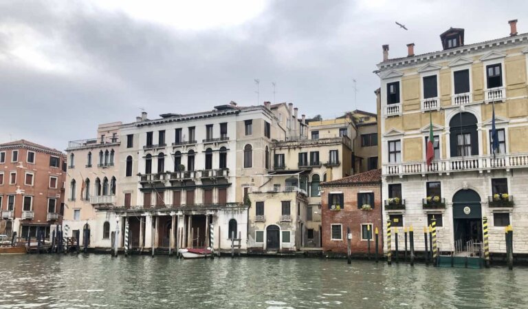 A gray day in historic Venice, Italy along the water